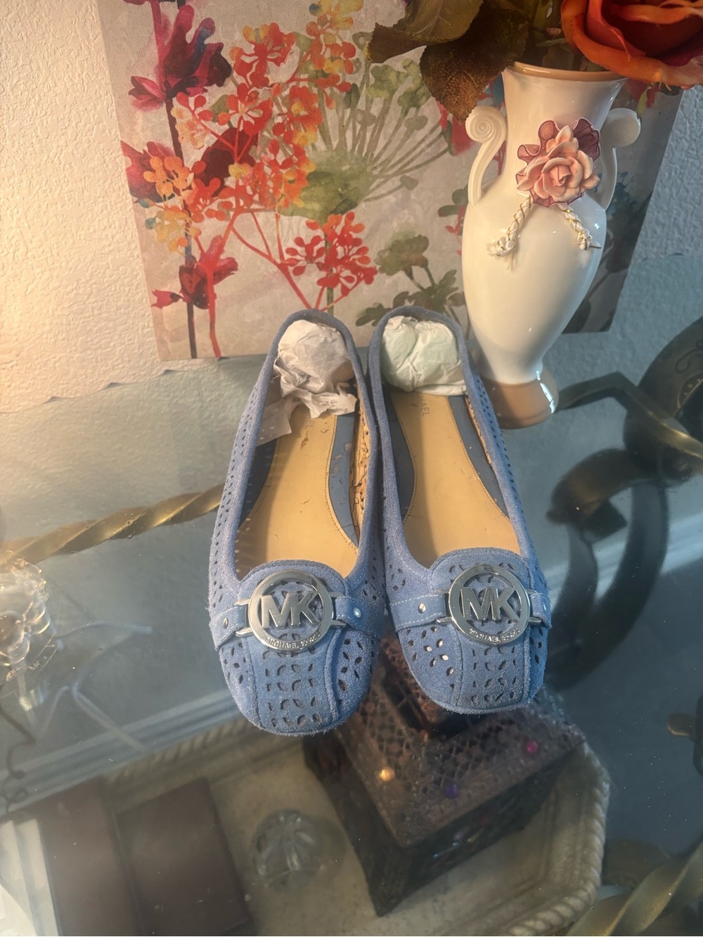 Michael Kors Light Blue Suede MK Logo Perforated Flats